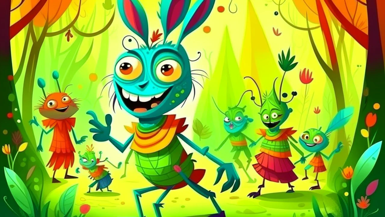 fantasy cartoon style illustration: the grasshopper has a radiant and vibrant carnival costume. He amazed all the others woodland animals!