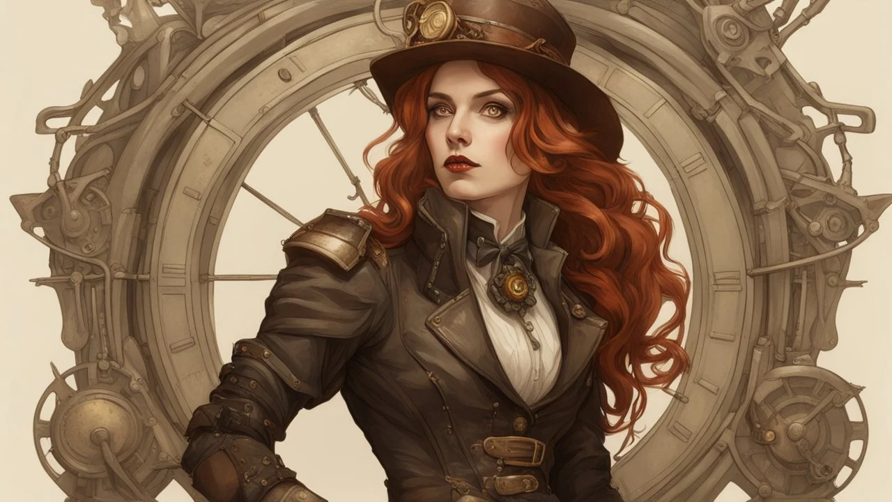 full-length portrait of a pale-faced steampunk woman with auburn wavy shoulder-length hair, with detailed metal arms and legs, dressed in leather trousers, and a jacket, standing beside a steam carriage