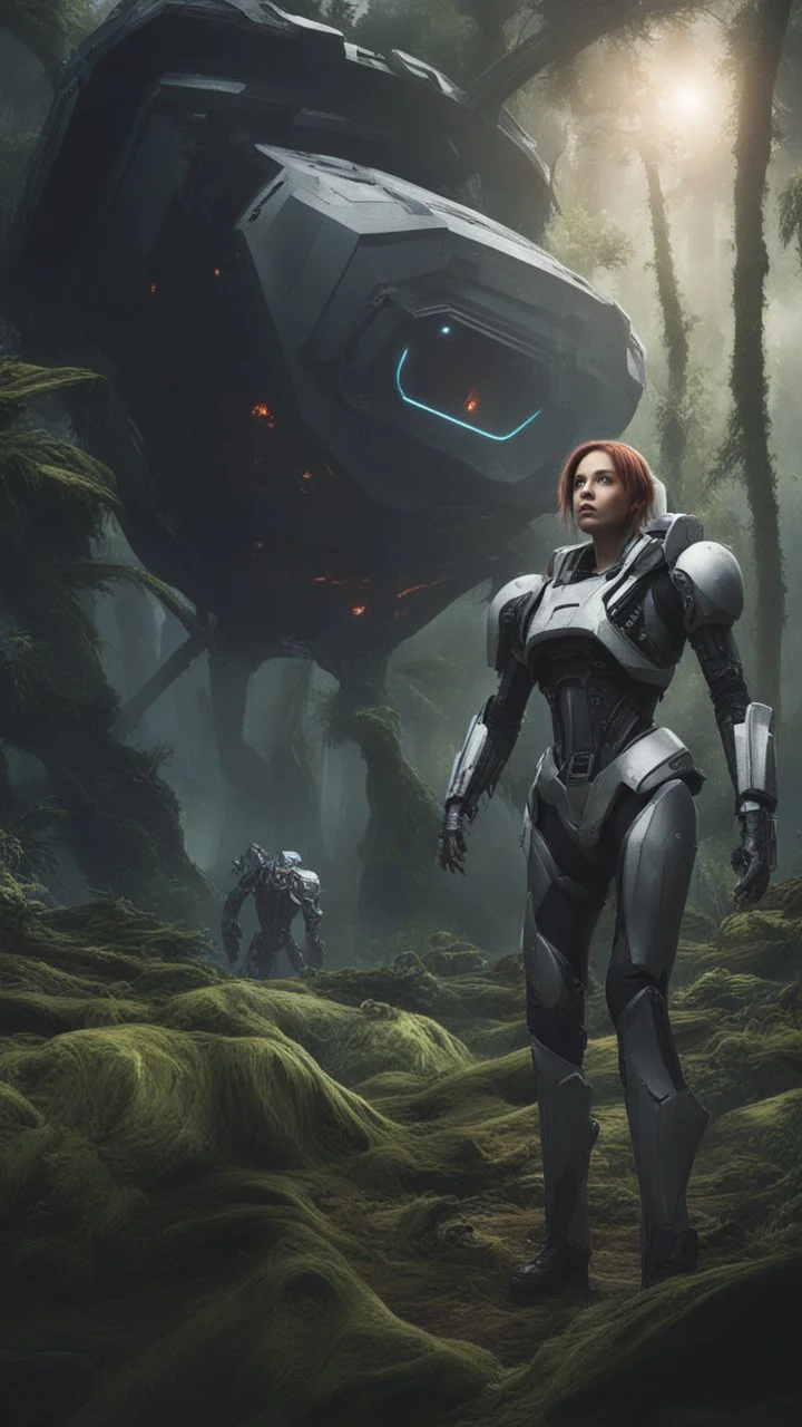 Wide-angle, woman with straight hair, dressed like a robot, with equipment in her hands, next to a crashed spaceship, in a clearing on an alien jungle world