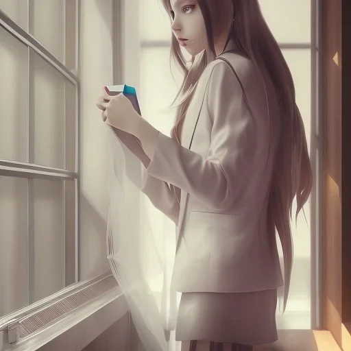 female student studying by the window, anime style,perfect face, cool face, ultra detail, unreal engine 5, cinema4d, sun light, studio lighting --ar 1:1 --v 4