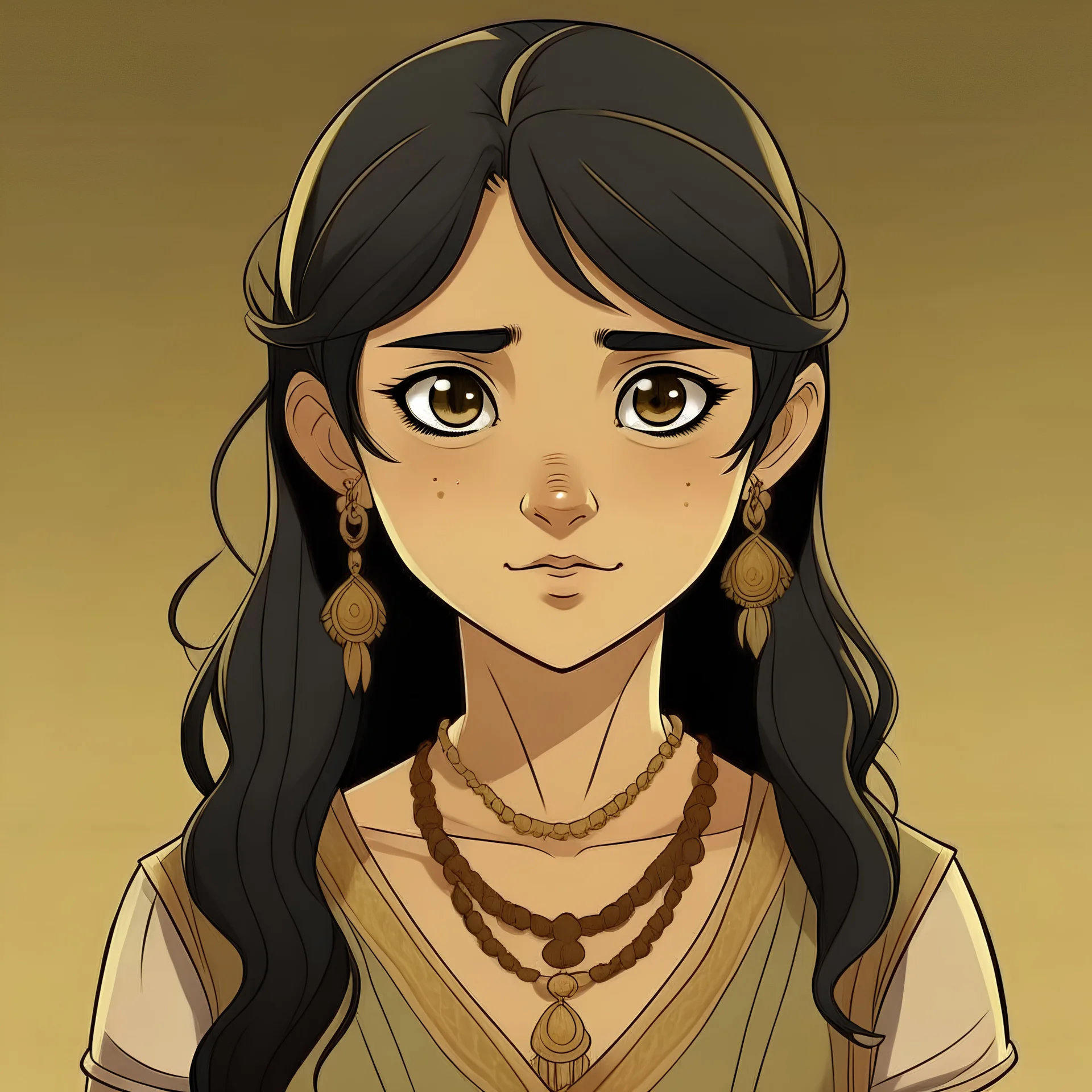 Teenage indian girl, olive skin, black hair, brown eyes, anime style, front facing, looking into camera, princess dress