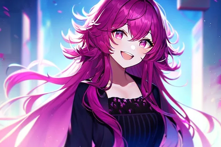 girl, masterpiece, best quality, cinematic lighting, detailed outfit, vibrant colors, perfect eyes, fuchsia hair, fuchsia eyes, long hair, laughing, messy hair,