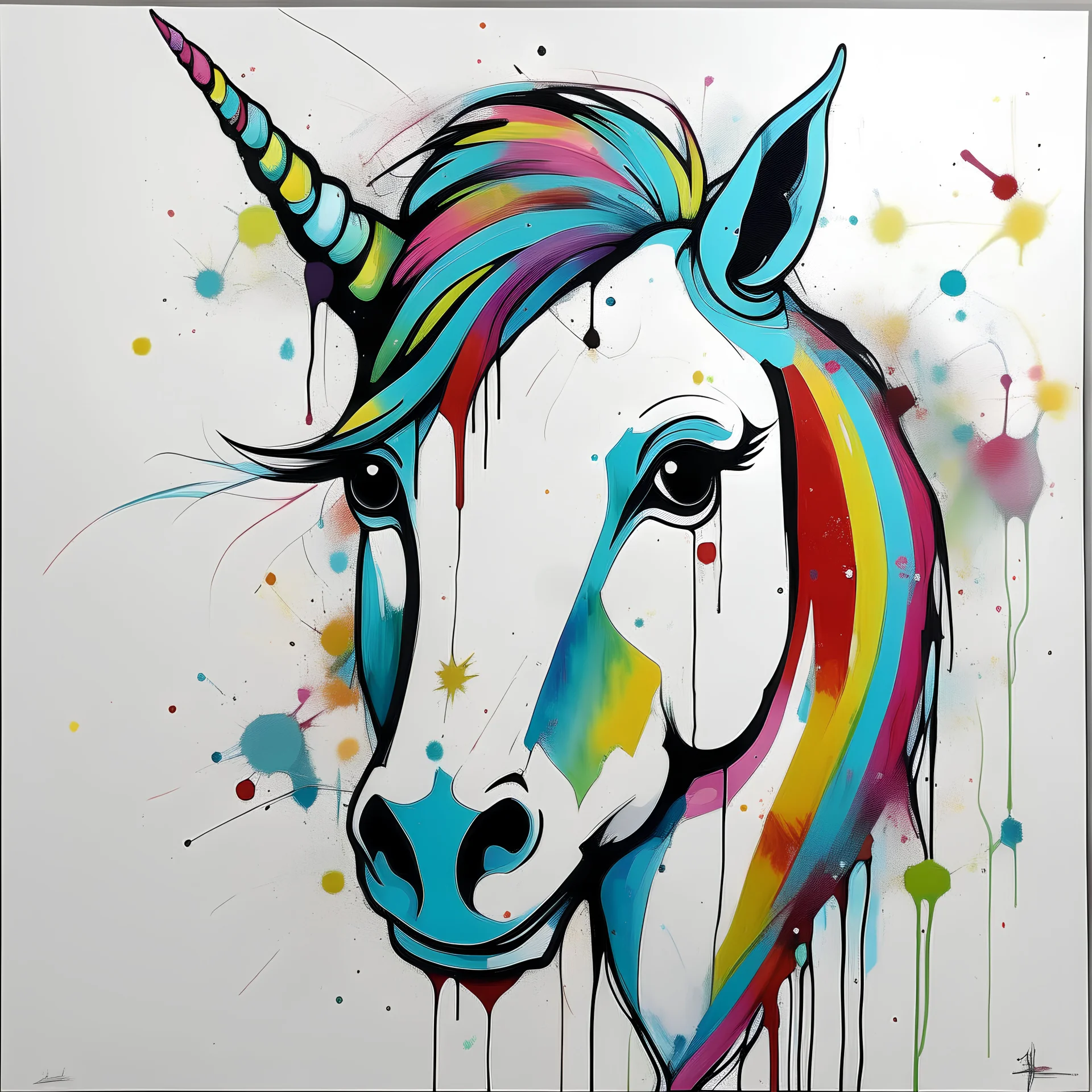 A colorful, abstract and minimal painting of a unicorn. The unicorn has large eyes, a rainbow patchwork fur, with black outline details giving a scribbled effect. the image is in the middle of a white canvas. The background should be clean and mostly white, with subtle geometric shapes and thin, straight lines that intersect with dotted nodes. The style is expressive and textured, reminiscent of outsider art.