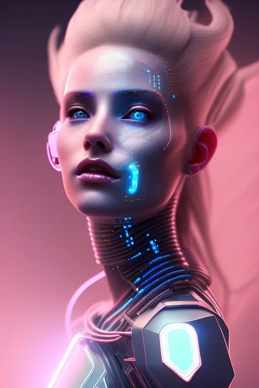 cyberpunk, head, women, portrai, tron sketch of a girl on lined paperA beautiful one nude body of a make up smiling woman blond long hair, alone, high key lighting, volumetric light high details with white stripes and blue eye, smiling with plump pink lips, flowers around, unreal engine petit prince belle fine, profil de trois quart, grand front cosmique, peau bleu cristalline, yeux bleu, perle sur le front long cheveux blond et rose etoilé, cristaux sur le corps, collier de grande princesse, l