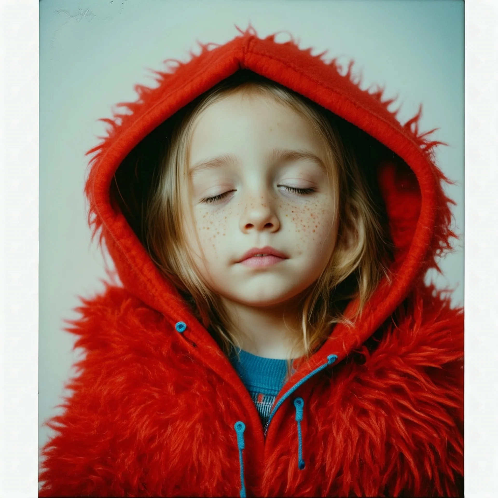 Lily rosedepp enfant,avec un long pull a capuche en angora rouge jusquaux, polaroid, elle a les yeux fermés et les joues bleues, , des grains de beauté, autochrome doré