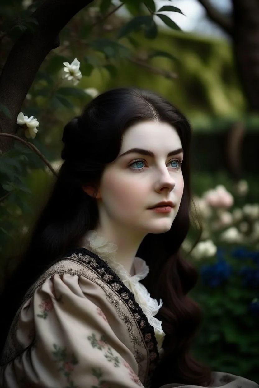 Beautiful Girl in the garden, 18 century, brunette, literally dark hair, dark eyes, fat, smell of sakura, rest, detailed face, england