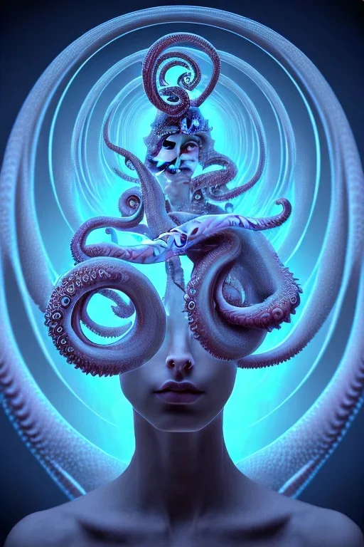 Spiritual being with Tentacles over human Head creating reality around, wrapping Spiral around Human, Psychedelic