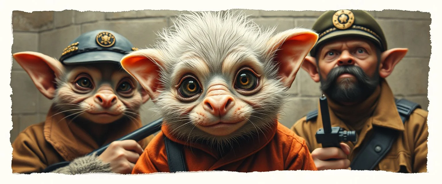 airbrush and pen outline, french art , extreme close up on cheeky fluffy weasel hairy goblin military prison guard troupe news anchor elf family scumbag , pinhole cam, airbrush 3d rendering, in the style of Titian and Rembrandt , torn edges on border
