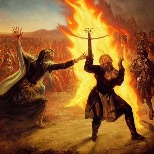 Priest smites demon with fire, armies battling in the background, romanticism.