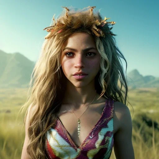 Shakira, artist, 30 years old, Realistic image, waist up portrait, etro style dress. loose long hair, eyes make up, perfect, glow, circle iris. concept art, smooth, unreal engine 5, god lights, ray tracing, RTX, lumen lighting, ultra detail, volumetric lighting, 3d, finely drawn, high definition, 4k.