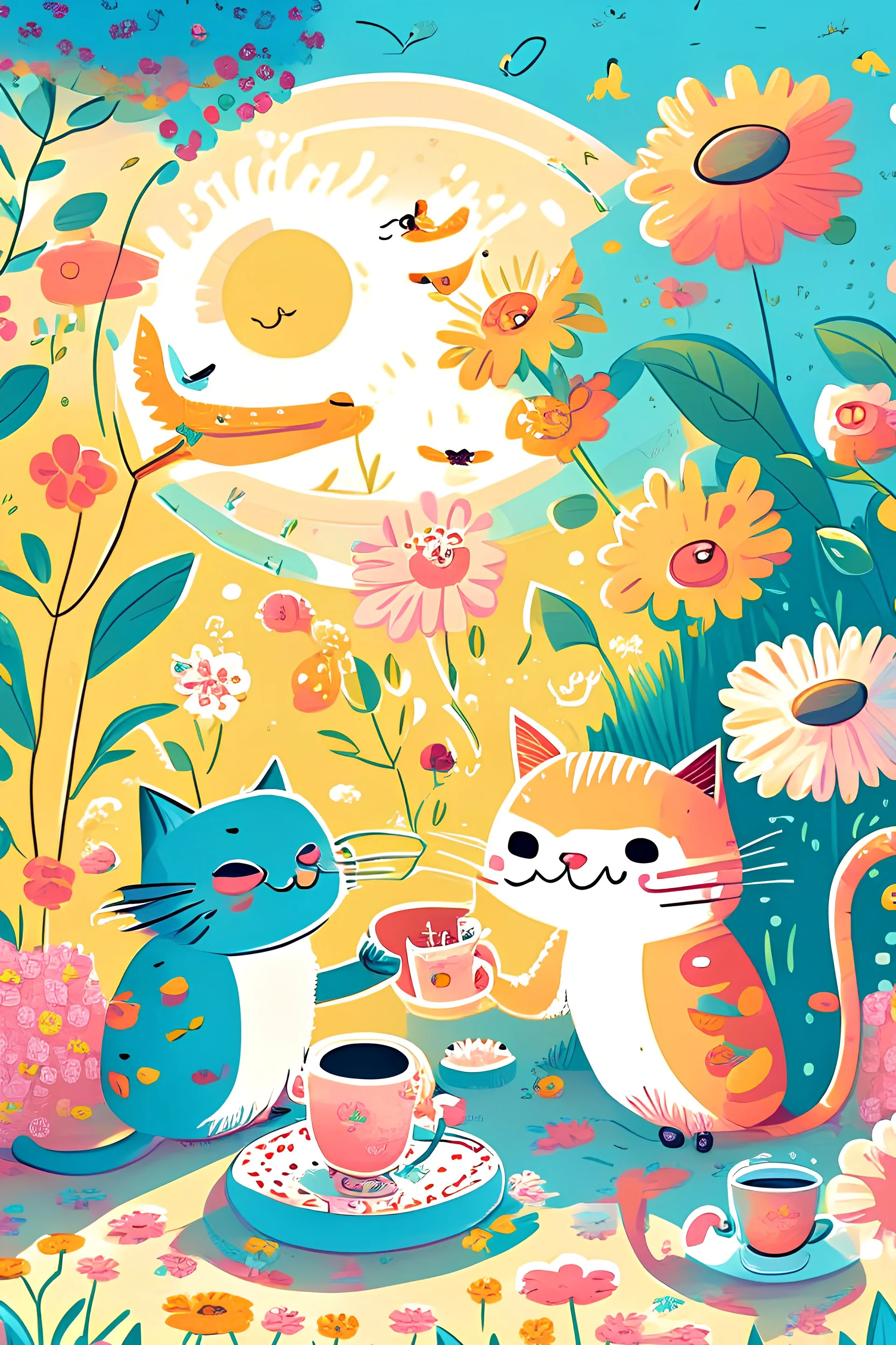 Children book style Boho cat in flowers garden having tea with funny bird in sunlight seamless