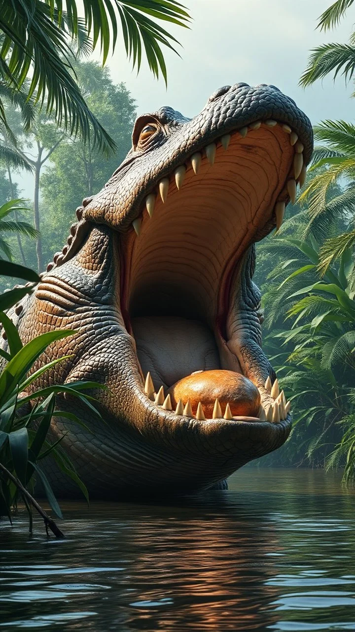 A giant gonna in the Amazon jungle swallowing a crocodile her mouth ,