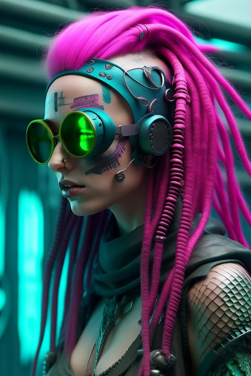 mermaid cyberpunk some scales on face pink hair dreadlock sunglasses