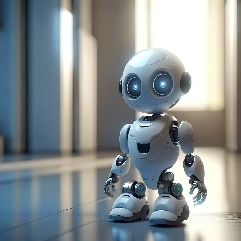 joyfull cute chat robot in hall, 8k, down-light, soft light, depth of field, photo realism, trending on art station, high detail