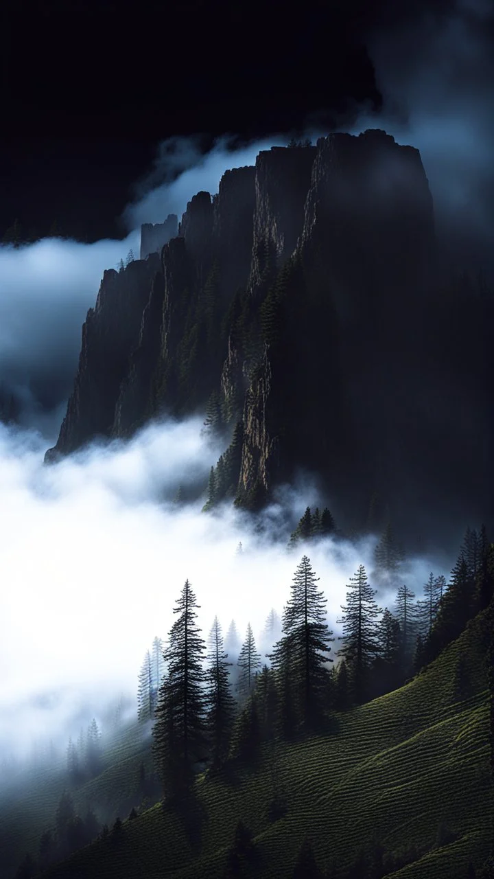 surrounded by clouds, the mountain cliff face climbs up and disappears into the mist. the fog settles over the valley and off to the sides, creating a sense of height and mystery