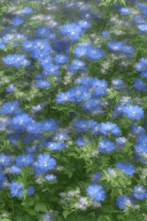 a bunch of blue flowers with green leaves, a digital rendering by Kanzan Shimomura, cgsociety, photorealism, rendered in maya, daz3d, photorealistic