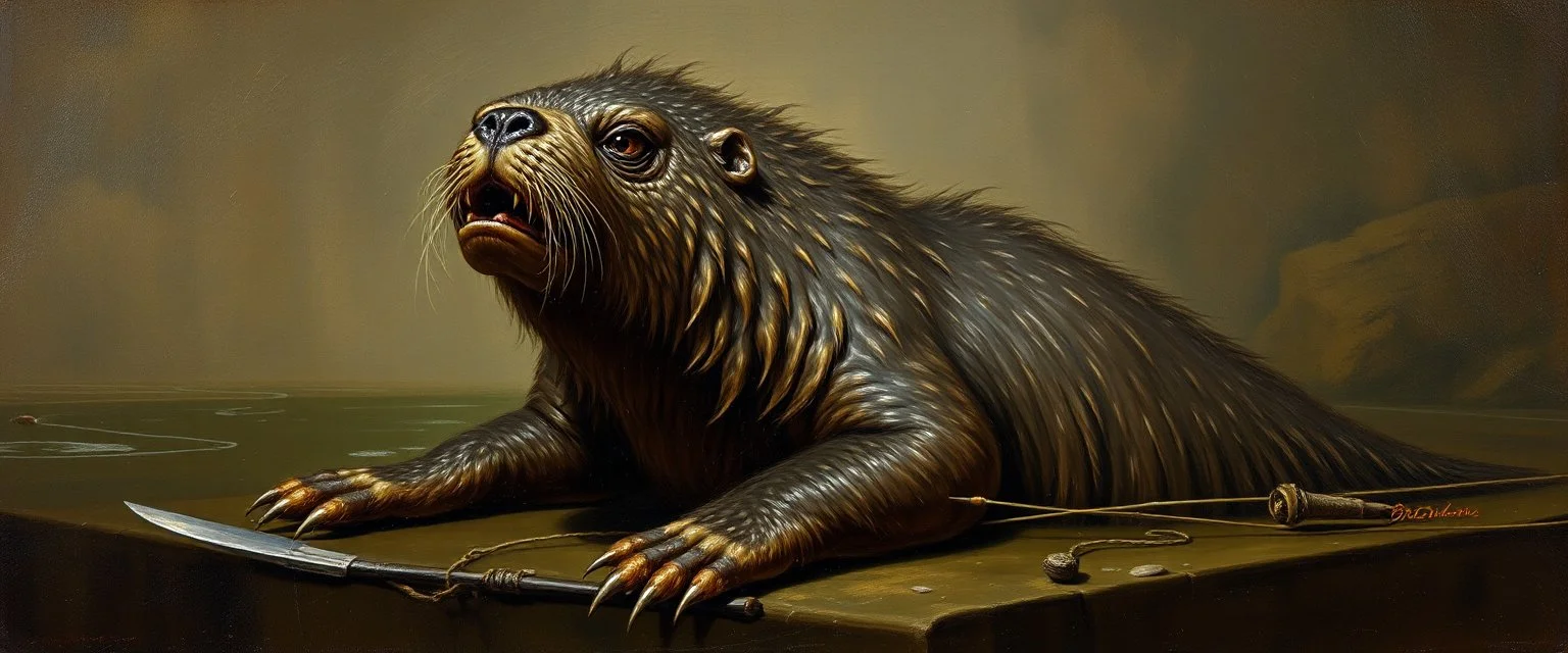 master oil painting by Rembrandt, creature from before the dinosaur bear seal gremlin