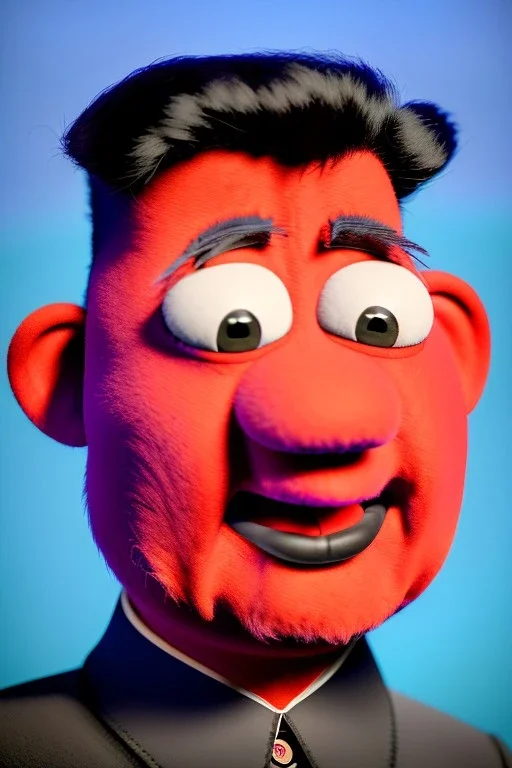 Waist up muppet Portrait, Kim Jong-un muppet doll, black suit, photo studio, red background, unreal engine 5, concept art, art station, god lights, ray tracing, RTX, lumen lighting, ultra detail, volumetric lighting, 3d.