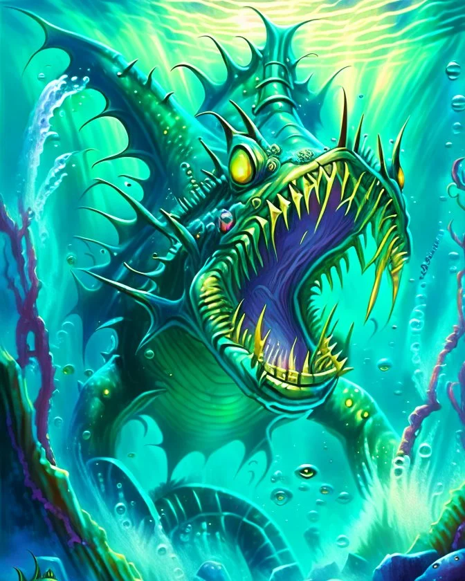 90's TCG retro fantasy art of a sea monster under the water