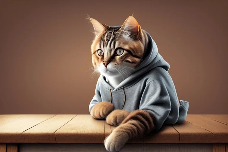 A cat with a hoodie is sitting on a table