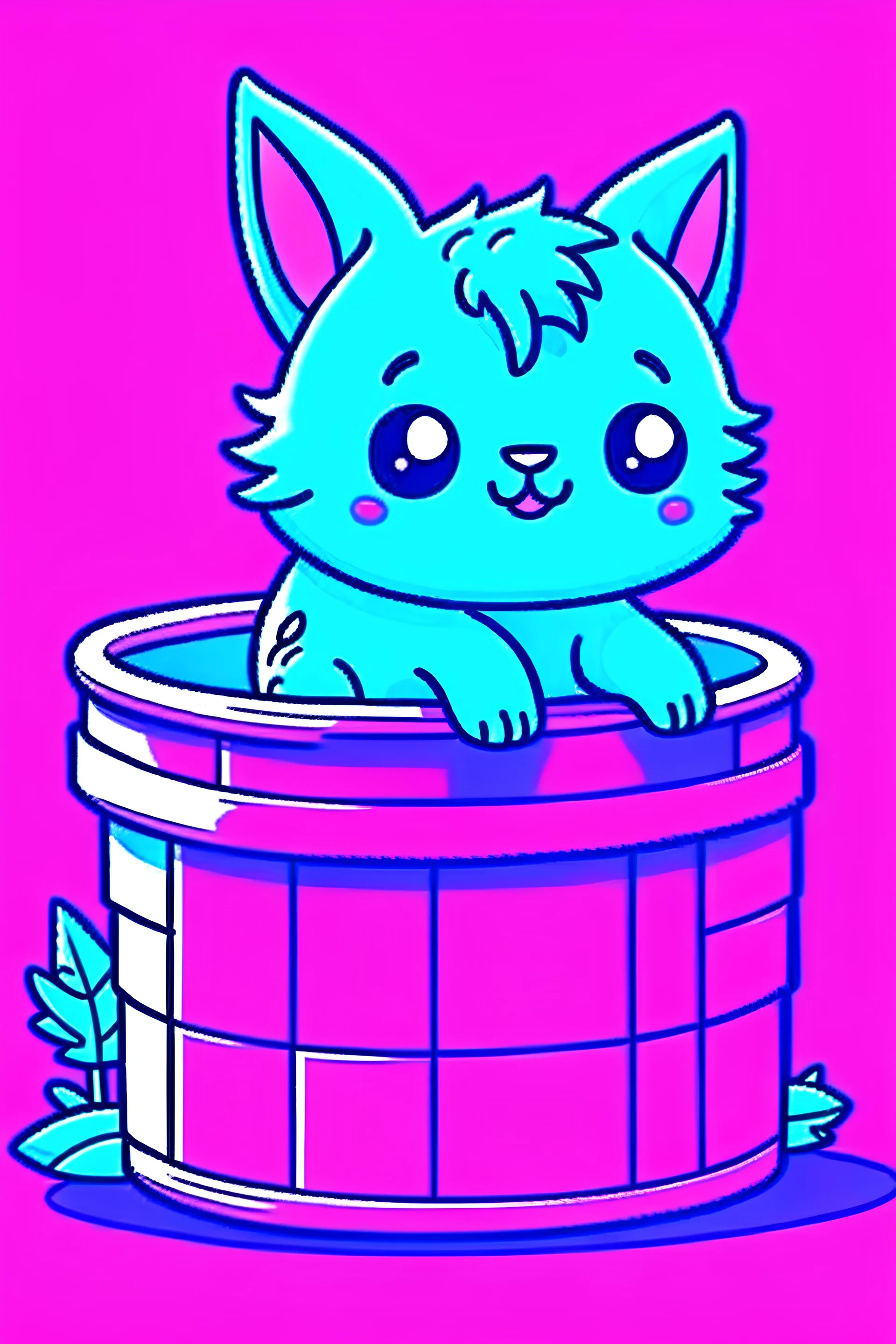 violet blue minecraft cute adorable axolotl in a bucket, cartoon lineart style, strong bold lines, pixelated, blocky, minecraft day background
