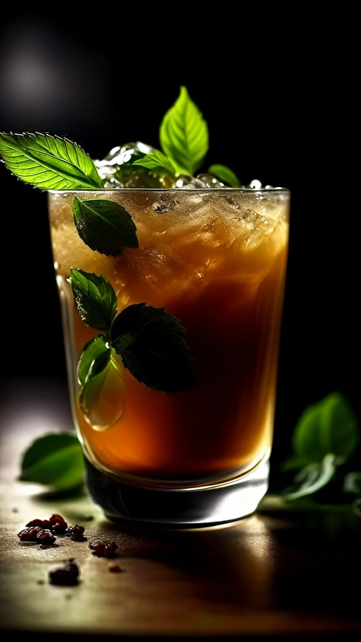 A refreshing glass of iced tea, with condensation glistening on the sides and a sprig of mint floating on top.