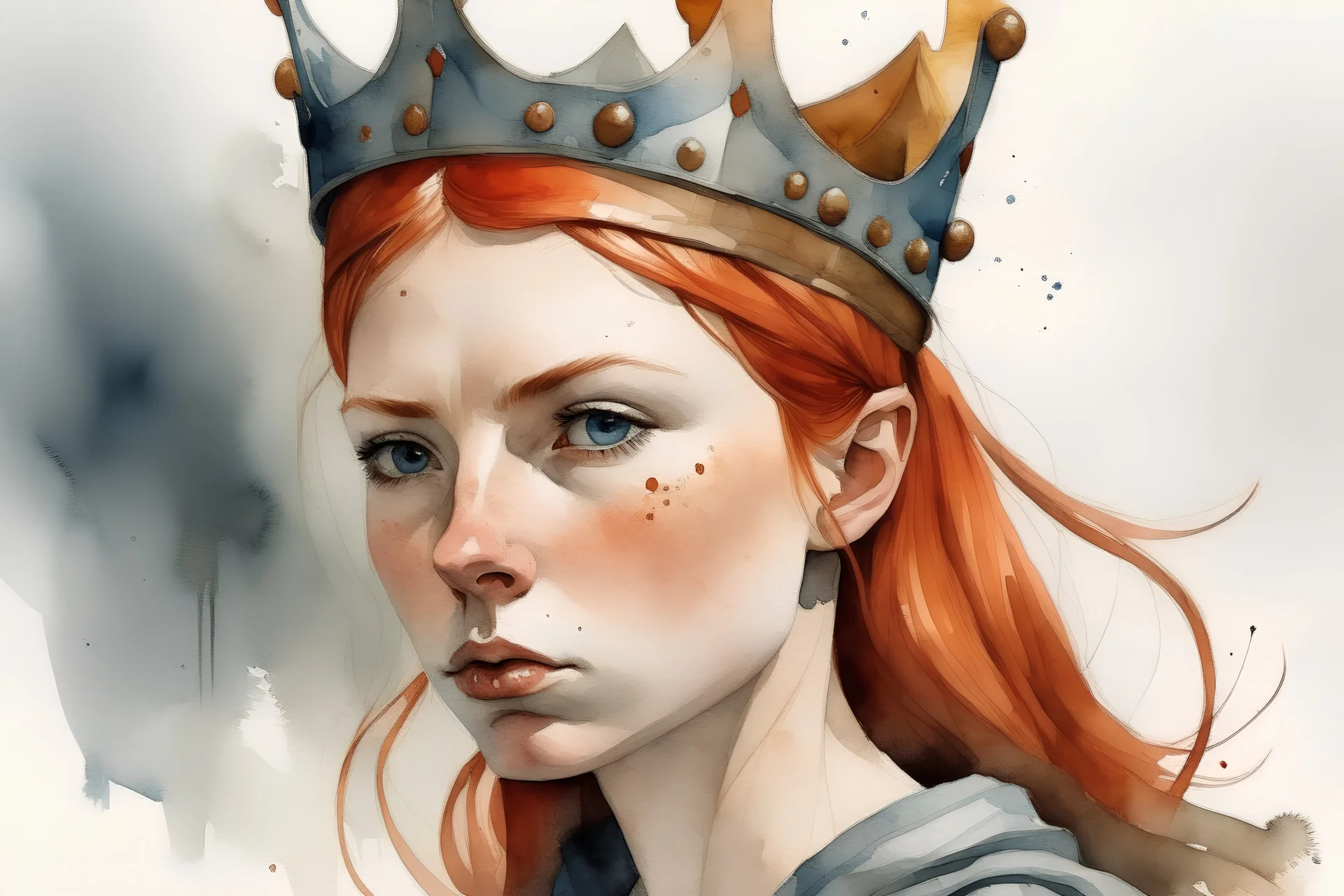 Realistic watercolour of an epic portrait of a tired serious redhead young woman queen in battle with her crown