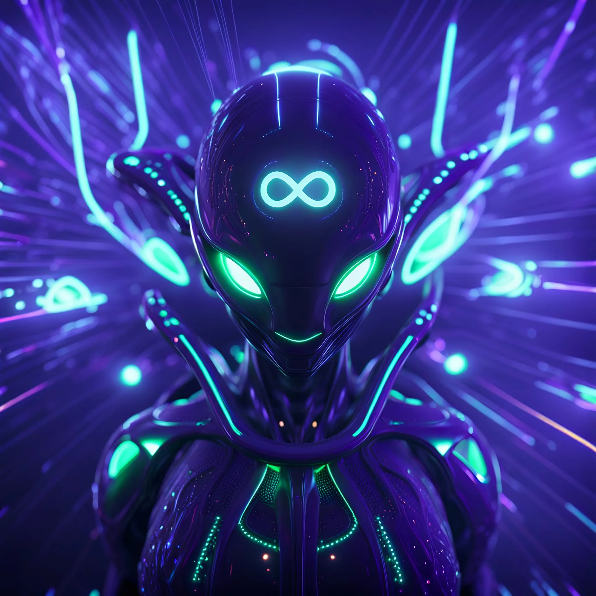 3D infinity symbol ∞ on alien's forehead, infinity figure-of-eight symbol is totally-symmetrical and glowing, exotic, neon, alien, inspiring, fantasy, scientific, friendly, beautiful, octane render, 8k post-production, artstation: award-winning: atmospheric: commanding: fantastical: clarity: 16k: ultra quality: striking: brilliance: liquid medium: stunning colors: amazing depth; lens: f/8, 28mm