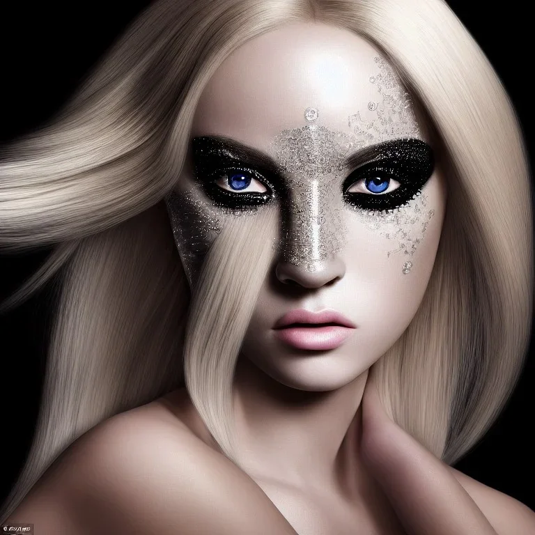 Portrait of a sensual Goddess: Black eyes like diamonds sparkling. Long Blonde hair. Incredibly detailed 8K resolution HDR photograph of a hyper detailed photorealistic. album cover art, imagination, upscaled, sharp focus, space-