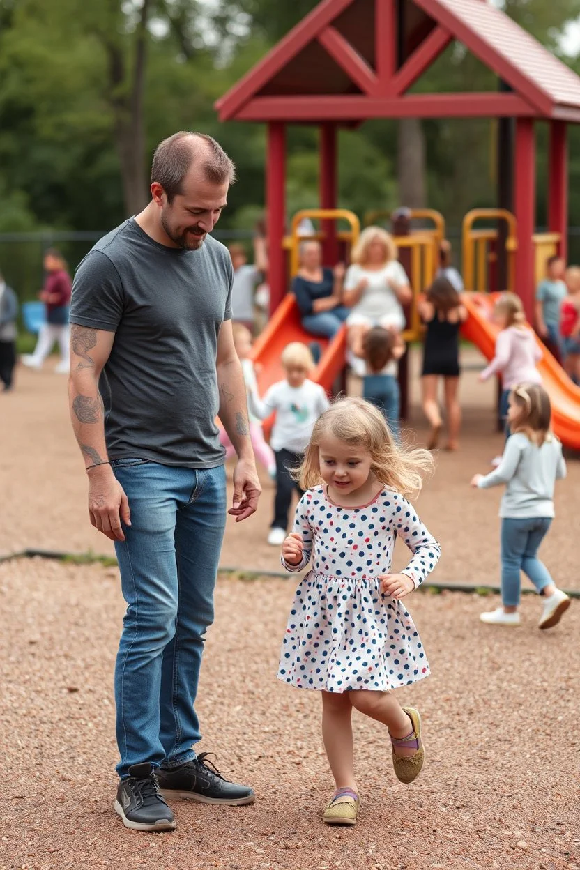 a small skinny 40 year old dad in the playground with his young 3 year old daughter with blonde hair playing on the playground but the dad is checking out all the other kids curvy mums . there are many kids playing on the playground