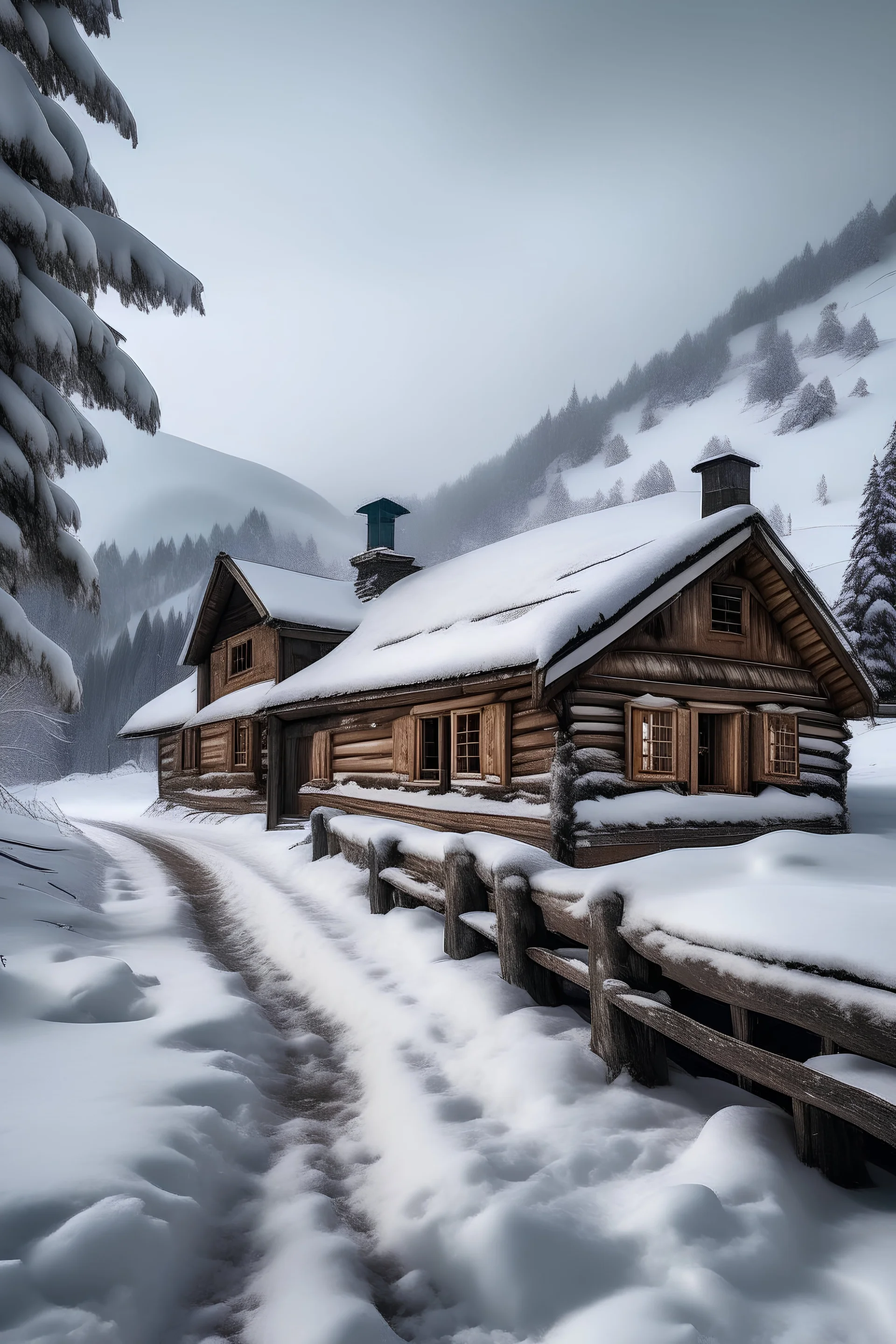 House wood in the moutain with snow, christmas atmosphere