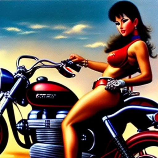 portrait of busty beautiful 'Female Rider on Shotaro Kaneda's Bike',painting by Earl Norem, simon Bisley, evan lee, 86-86, oil on canvas, cinematic composition, extreme detail,fit full head inside picture,8k