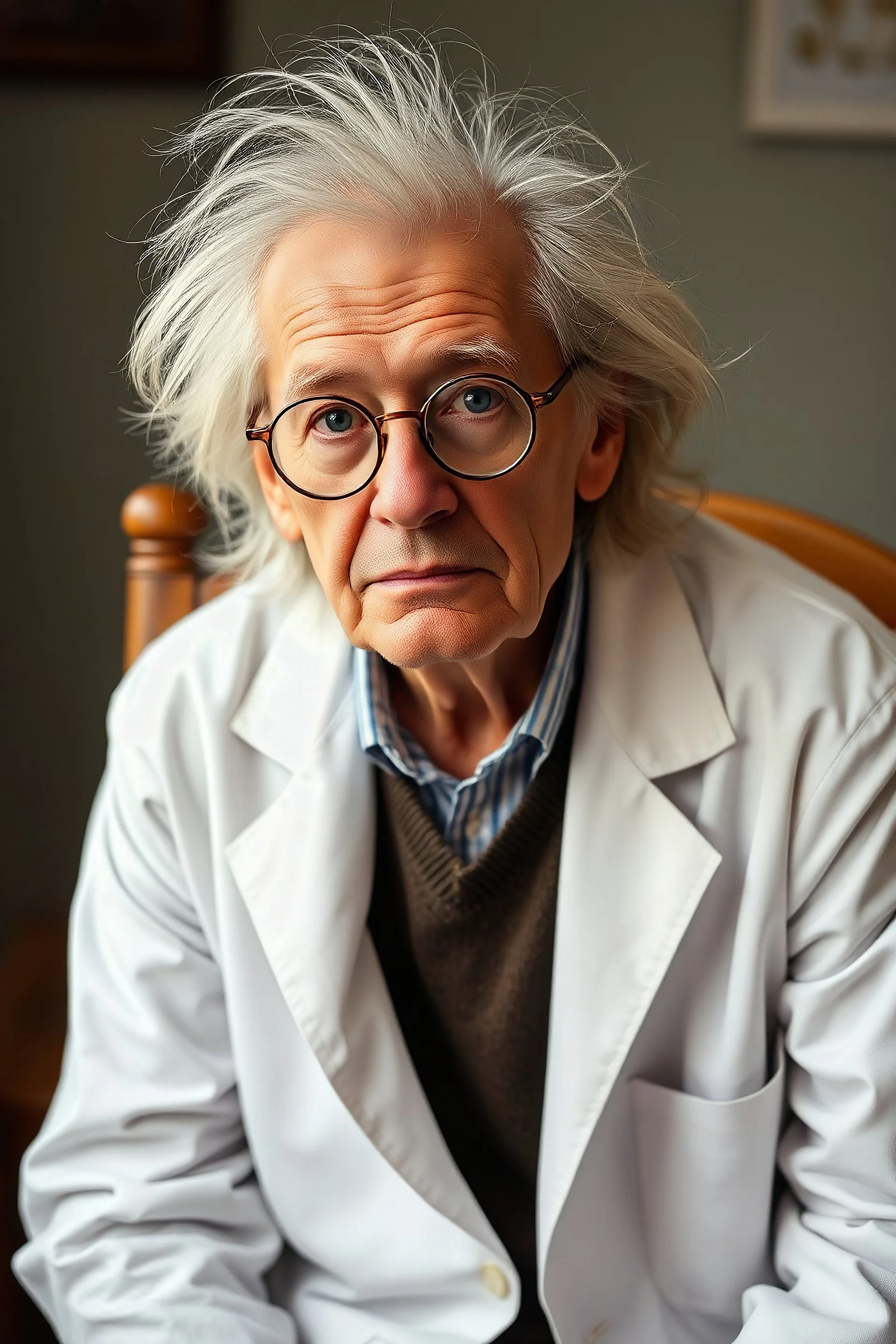 a photograph of a elderly man, sitting on a wooden chair, round glasses, white lab coat, wacky semi long hair