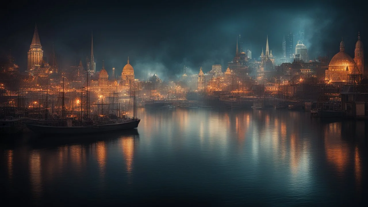 dream world, city harbour, calm beauty, fantasy world, magic, night, darkness, splendor, uplifting, inspiring, therapeutic, chiaroscuro, color, award-winning colour photograph, beautiful composition, Nikon 135mm