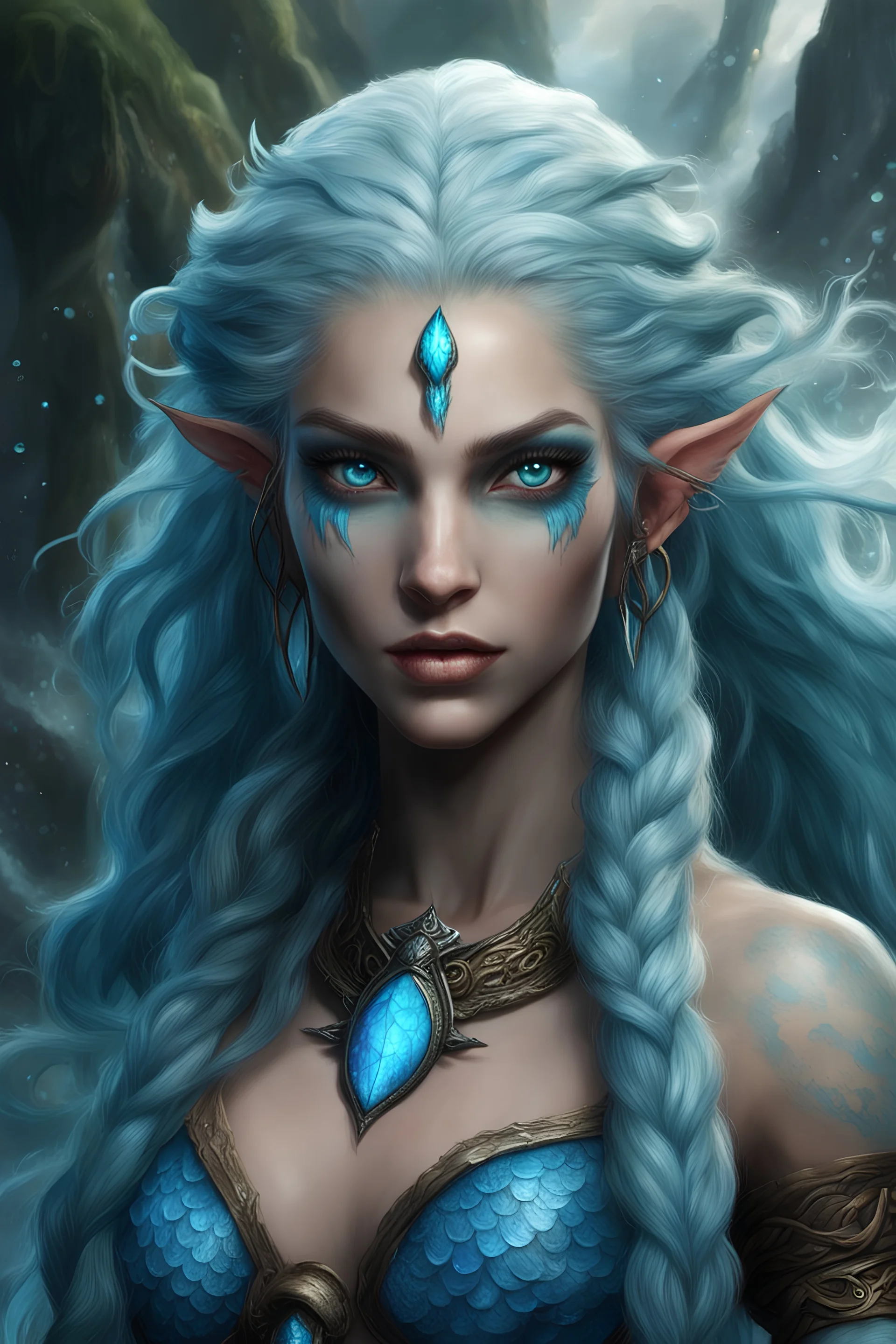 water Eladrin druid scary female. Hair is long and bright that looks like big waves. Part of hair is braided and animals comes out from it. Big bright blue eyes.Skin color is dark. Has a many big deep scar over all face. Part of face is scales and one hand is made of scales.