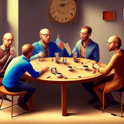 five friends, 2 men, 3 women, coffe laboratory, sitting, table, drinking, coffe