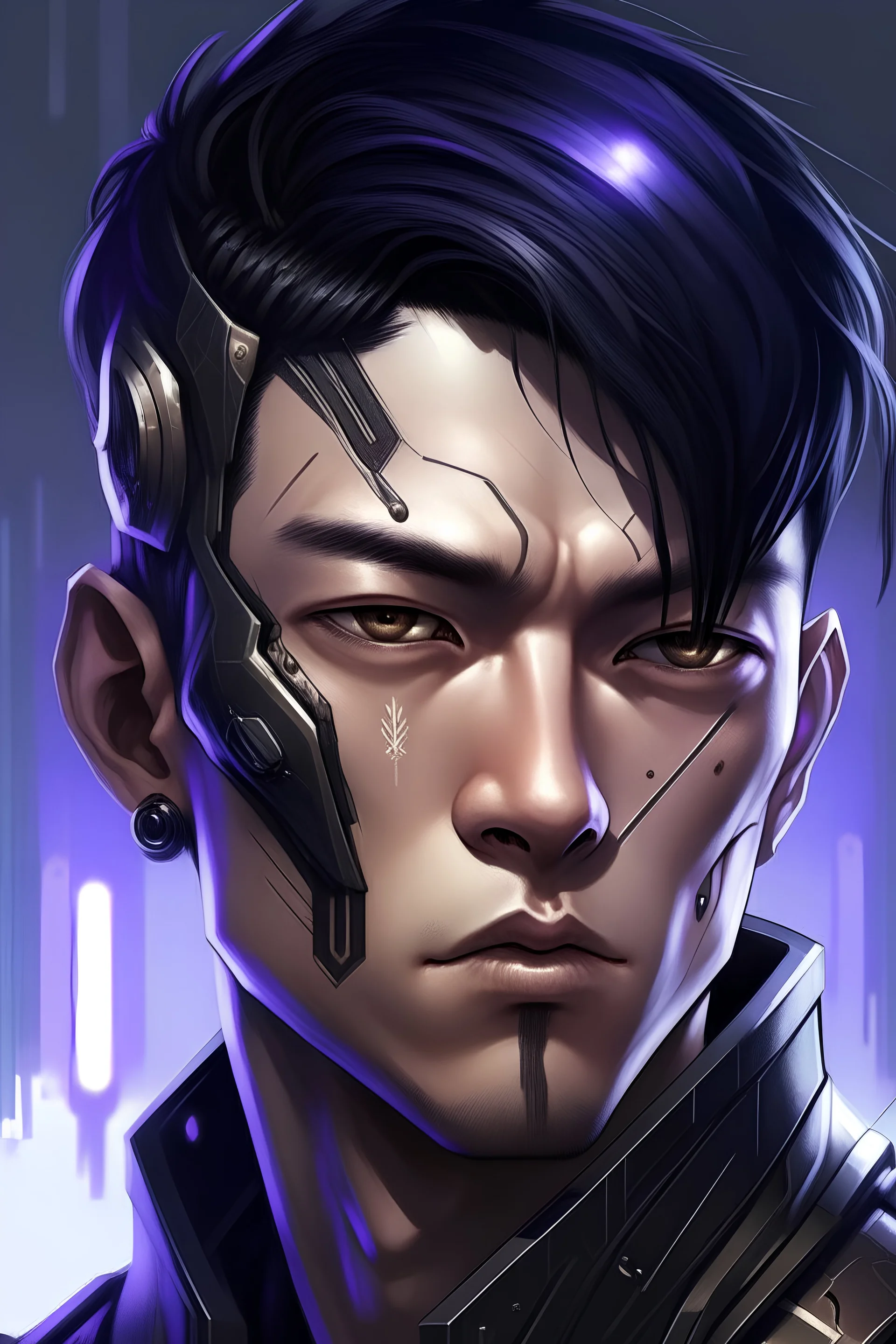 man with bronze skin, purple eyes, black hair with cyberpunk undercut manga style