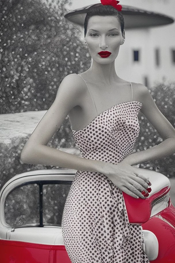 Behold the majestic Bella Hadid a striking figure draped in elegance and refinement as she channels the timeless style of the beloved Princess Margaret during her visit to the exotic land of Trinidad in 1955 donning a ravishing red polka dot dress that effortlessly showcases her effortless grace and a pair of pristine white gloves that exude regal sophistication all while strutting down the illustrious Rodarte catwalk with a confidence that leaves mere mortals in awe and admiration