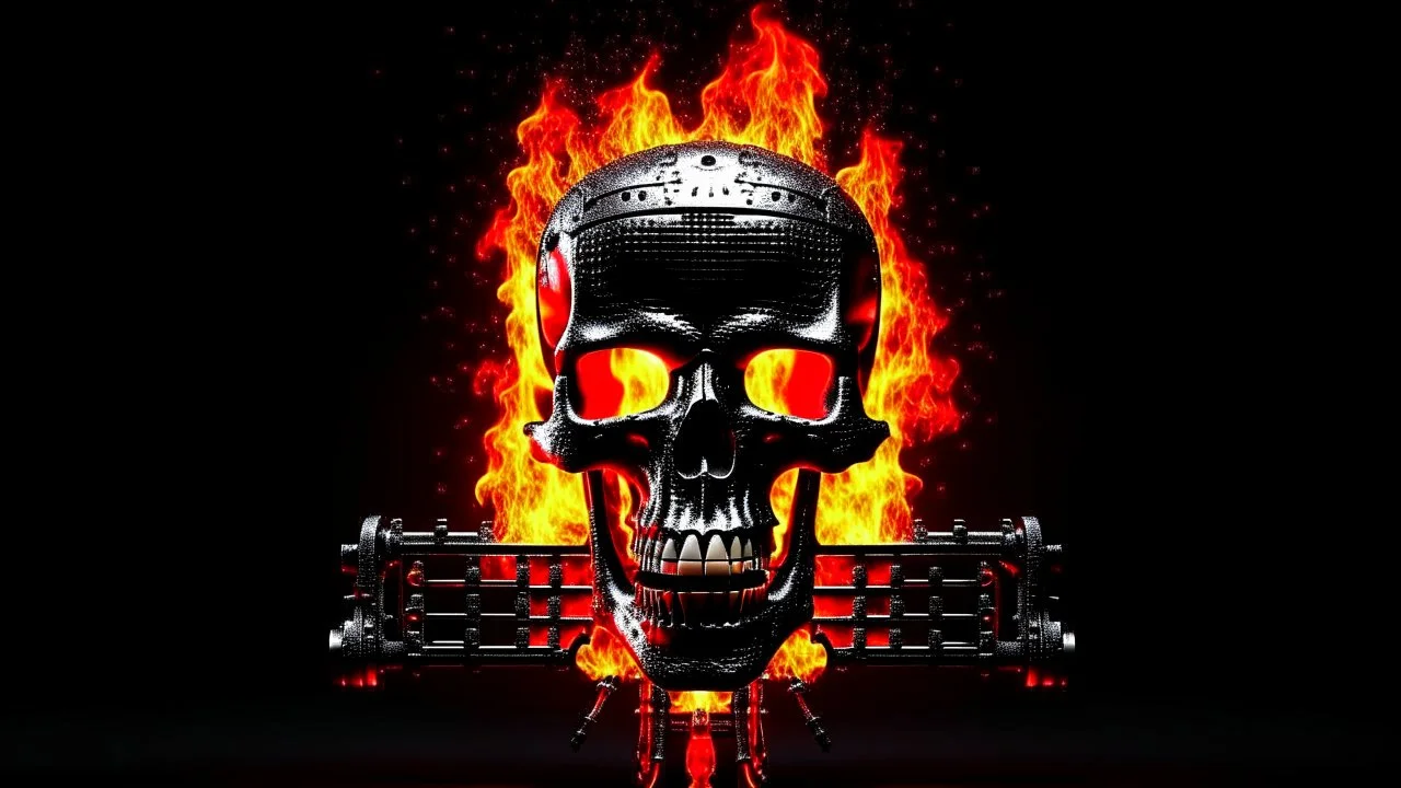 4K. REALISTIC FULL DETAILS. LOGO EMISSION DE RADIO HARDROCK FIRESTARTER TERMINATOR. FLAMMES EN FOND D IMAGE