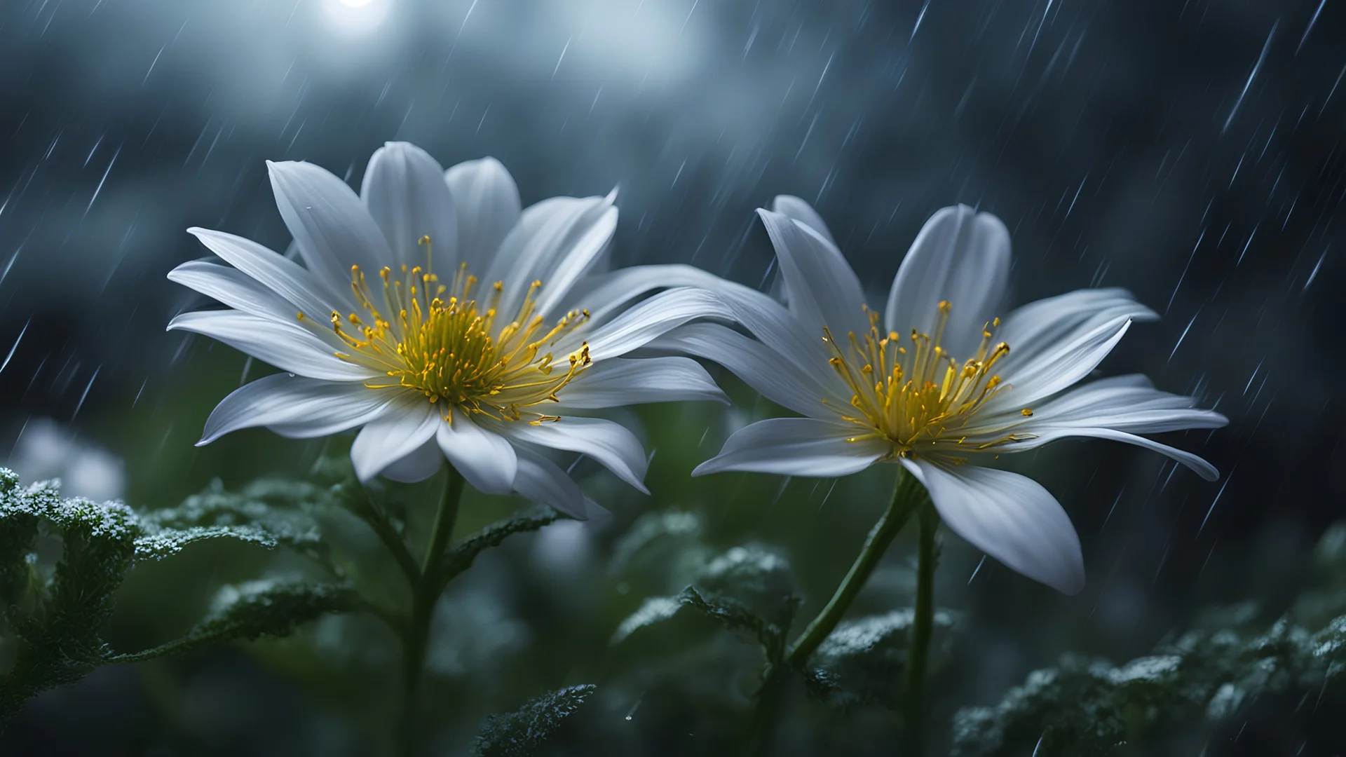 close-up of a fragile flower in a storm. in flower forest at night, perfect composition, hyperrealistic, super detailed, 8k, high quality, trending art, trending on artstation, sharp focus, studio photo, intricate details, highly detailed