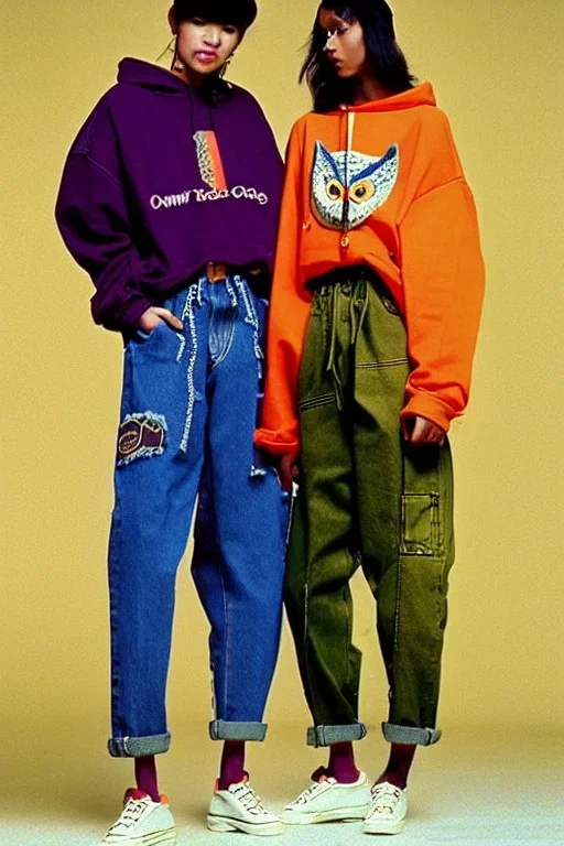 year 1996 denim fashion. Loose fit, "combat pants" with low waist, baggy, Combat pants, t-shirt and street style hoodie. Colors: denim blue, blue, purple, khaki, light green, lilac, plum, orange, terracotta, red, pink, dark blue, beige. Women models. Patterns: owl, Sturnus vulgaris pattern prints.Jennifer Lopez, Gwyneth Paltrow, . Big tennis shoes on. Cargo pants.