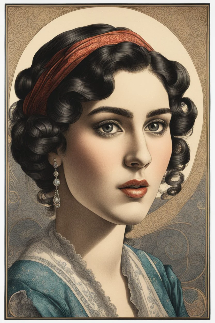 3/4 profile colored lithographic etching of a young French female fortuneteller , with highly detailed facial features ,in the style Ann Chernow, with a fine art aesthetic, highly detailed , realistic , 4k UHD cinegraphic quality