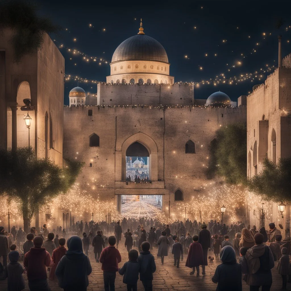 Hyper Realistic lots of people & children celebrating in the streets of Palestine with Al-Aqsa mosque from far at night with garland lights & decorations