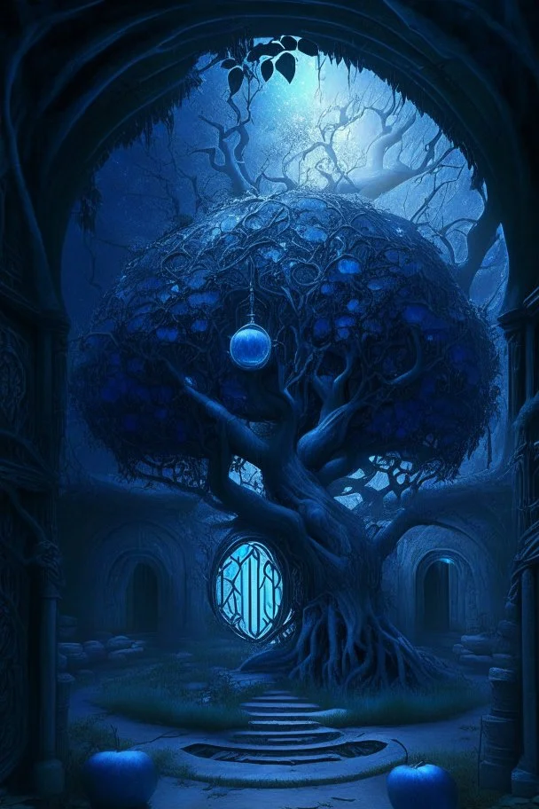 A frightening blue Persian sci-fi garden dungeon with a silver apple tree at its center