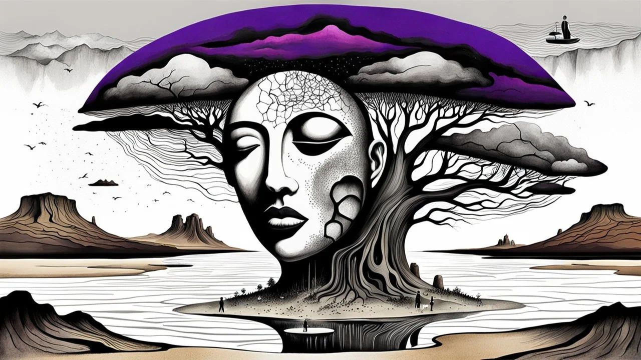 painted and drawing inner world with uncontrolled mind and soul, in midle a big head statue stands on little floating island over deep Sahara, around surreal cracked painted weird land with some black doors. deep dark purple, gray, black, white, brown. Whimsical style of Chagall , of Minjae Lee and René Magritte, lonely face with absurd beauty. broken, weird bizarre absurd nightmare, labirynth, dark vision, neuron network background, surreal vibe