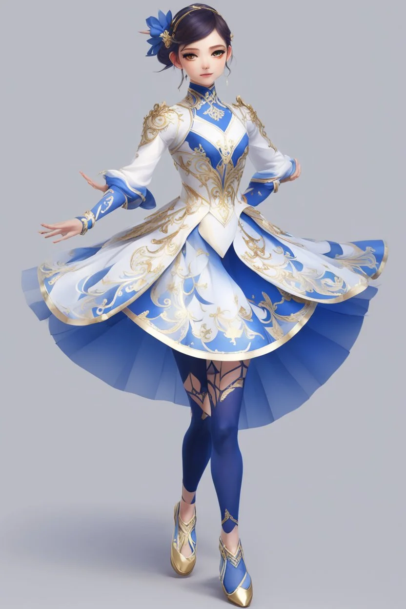 ballerina outfit, blue, blue and white tones, with gold patterns in the style of genshin impact