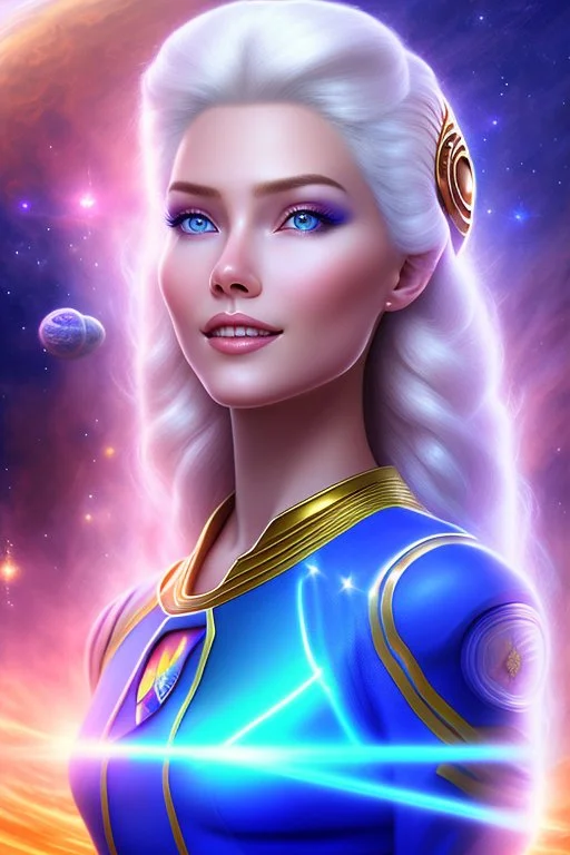 young cosmic woman admiral from the future, one fine whole face, large cosmic forehead, crystalline skin, expressive blue eyes, blue hair, smiling lips, very nice smile, costume pleiadian,rainbow ufo Beautiful tall woman pleiadian Galactic commander, ship, perfect datailed golden galactic suit, high rank, long blond hair, hand whit five perfect detailed finger, amazing big blue eyes, smilling mouth, high drfinition lips, cosmic happiness, bright colors, blue, pink, gold, jewels, realistic, real