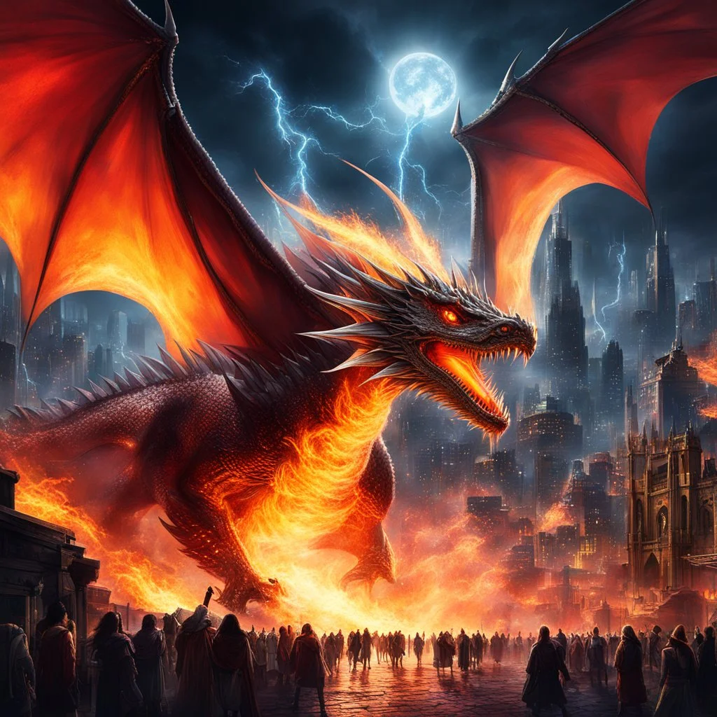 A colossal dragon bursts forth in a fantasy cityscape, its fiery breath illuminating the night as onlookers stand mesmerized by the mythical spectacle.