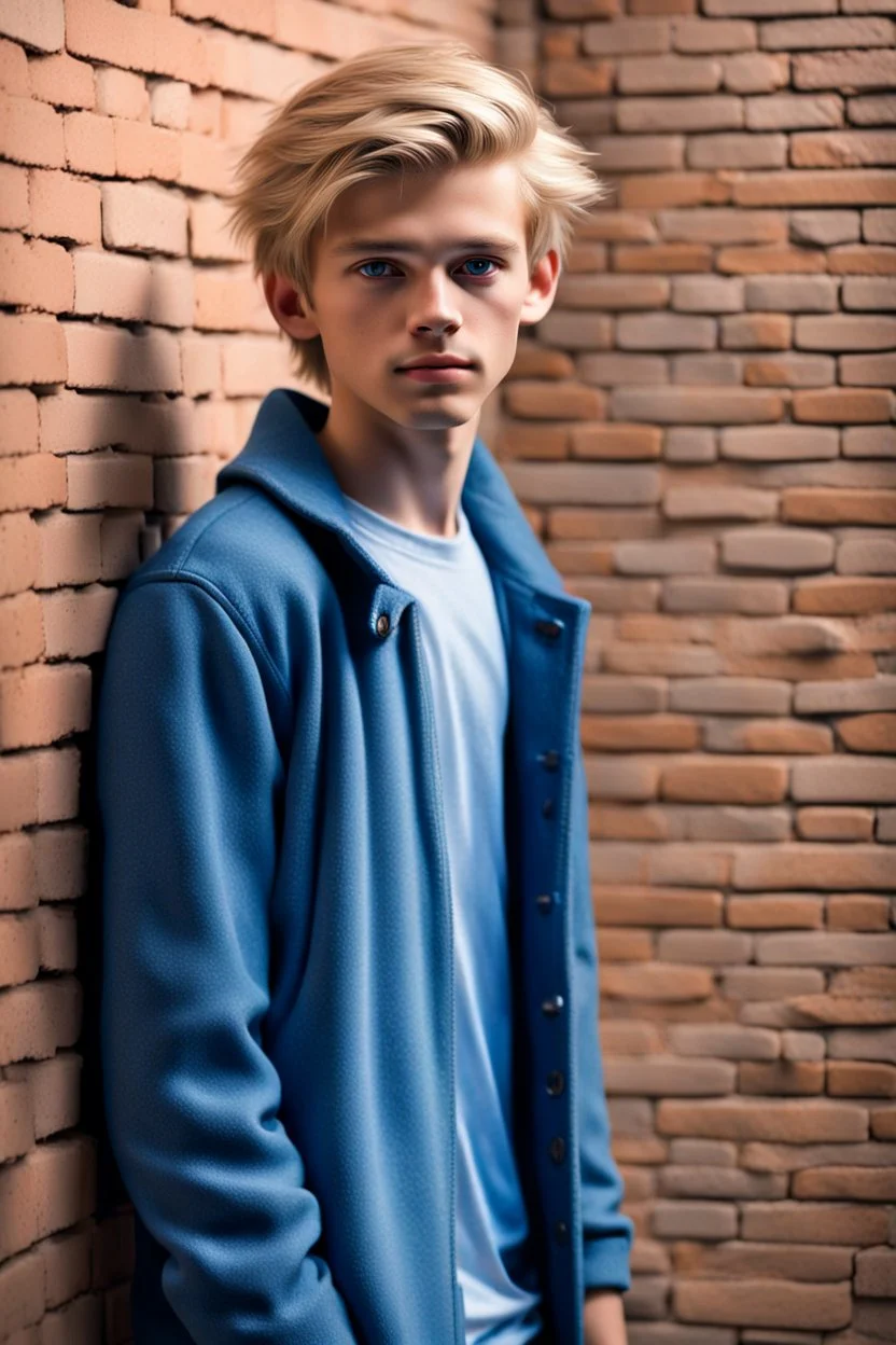 Hyperrealistisch 16jähriger schlanker effeminierter blonder Junge mit hellblauen Augen, das Haar mit Gel nach hinten gekämmt, langer dunkelblauer Filzmantel, darunter weißes T-Shirt und Jeans, lehnt gegen Ziegelwand