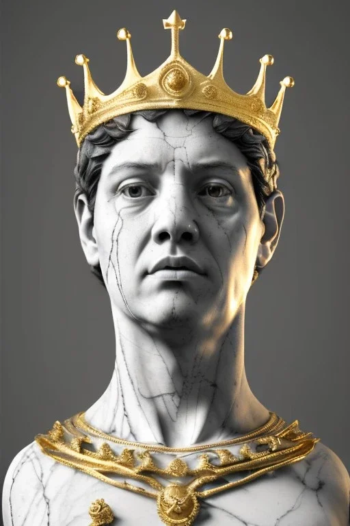 Ultra Realistic image, classic sculpture, white marble material, Maradona, gold crown of natural thorns, god crown, gold veins, gold ornaments, sun rays background, waist up portrait, epic, celestial, cinematic lighting, God lights, 4k resolution, smooth details, soft lighting, unreal engine 5, art station, substance 3d.